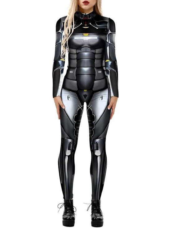 Pants - Women's Silver Black Sci Fi Skeleton Bodycon Jumpsuit Full Body Unitard Rave